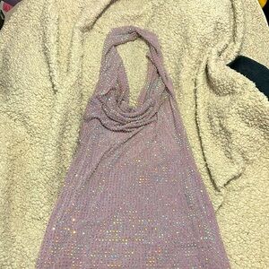 Embellished Extreme Cowl Neck Halter Mini Dress in Lilac